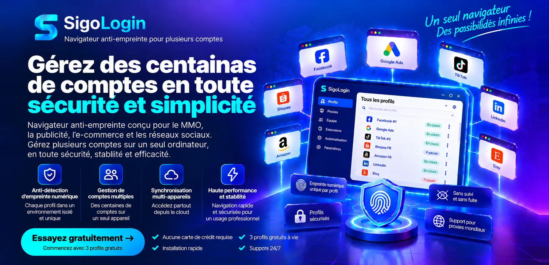 Bannière SigoLogin : la fenêtre de l'application avec les profils Facebook, Google Ads, TikTok, Shopee, Amazon, LinkedIn et Etsy, à côté d'un bouclier portant la mention Vos données restent locales.